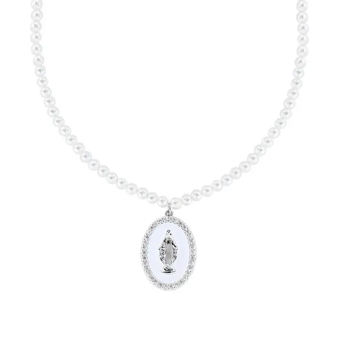 AMEN Collana Perle Di Cristallo E Medaglia Miracolosa