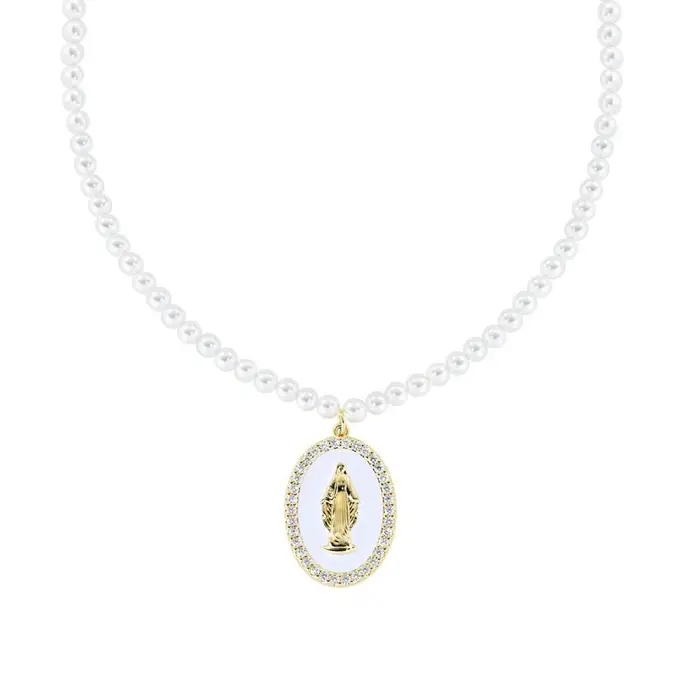 AMEN Collana Perle Di Cristallo E Medaglia Miracolosa