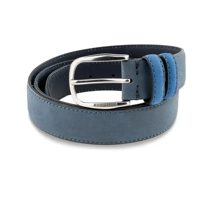AMERICANINO Cintura da uomo blu effetto scamosciato con doppia asola e logo UNICA