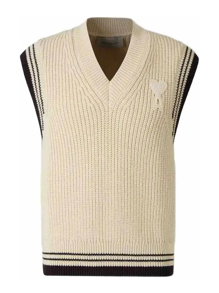 Ami Paris Gilet in maglia con scollo a V a coste Bianco