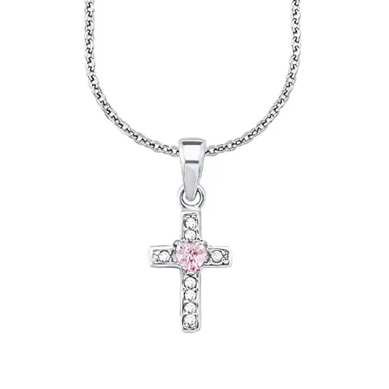 amor Collana con Ciondolo in Argento 925 per bambina, con zirconi sintetici, 35+3 cm, Argento, croce, Viene fornita in confezione regalo