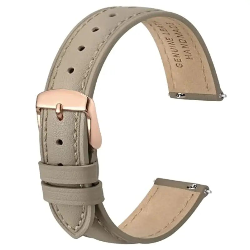 Anbeer 18mm cinturino piatto e sottile in vera pelle, cinturino di ricambio a sgancio rapido, kaki chiaro con fibbia oro