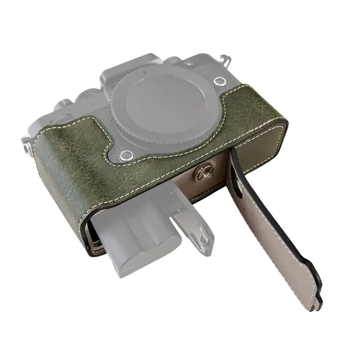 Custodia protettiva per fotocamera portatile in stile retrò, borsa per il trasporto, apertura inferiore, design con verde