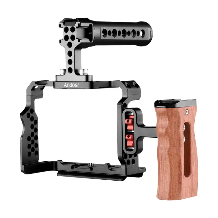Andoer Kit gabbia per telecamera in lega di alluminio con maniglia superiore per video rig, impugnatura in legno di ricambio per Sony nero