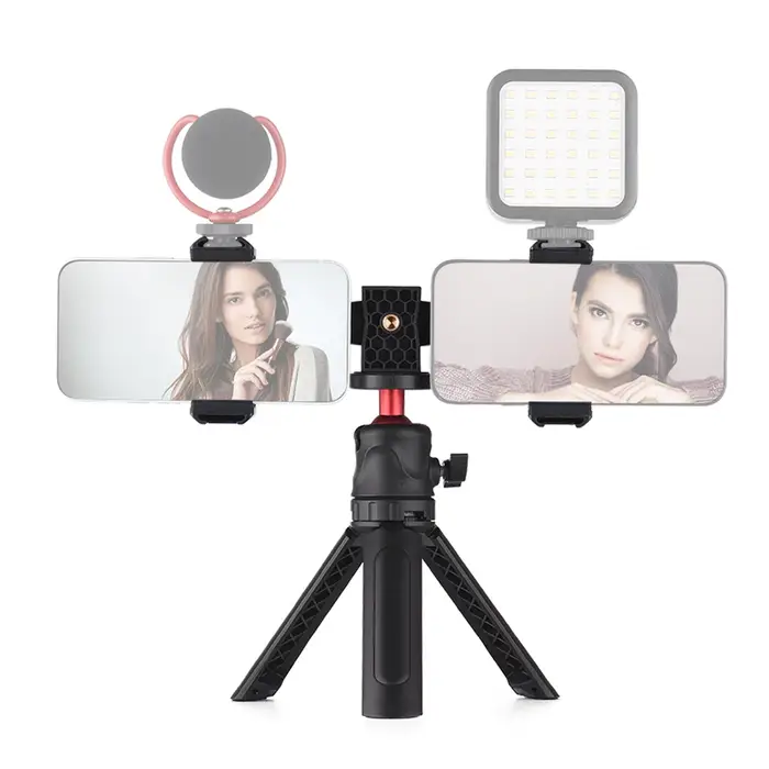 Andoer Kit video per smartphone multifunzionale, incluso supporto universale per treppiede per telefono con doppio telefono nero