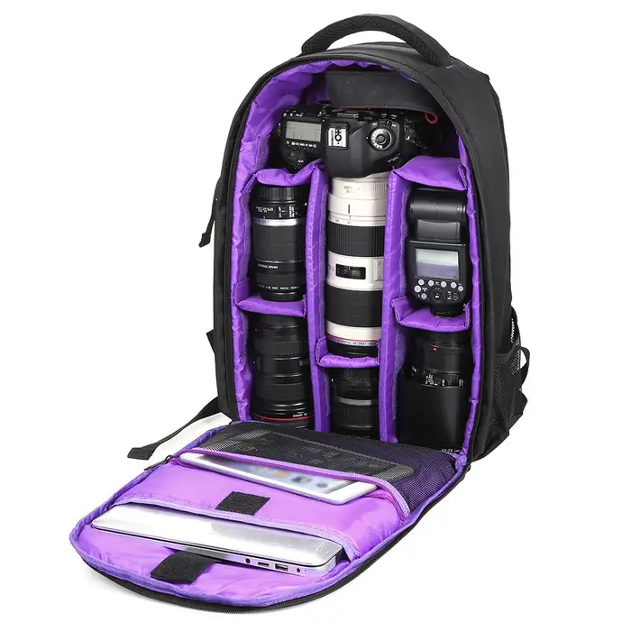 Andoer Zaino per fotocamera digitale DSLR, resistente all usura, multifunzionale, impermeabile, per esterni violetto