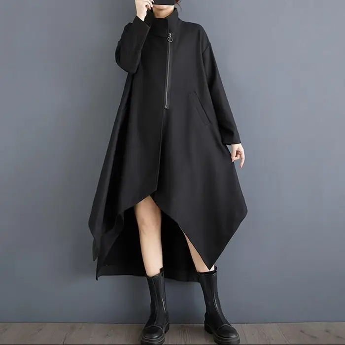 Cappotto lungo casual largo primavera autunno inverno per donna, giacca, abbigliamento, capispalla, oversize, vintage, nero irregolare