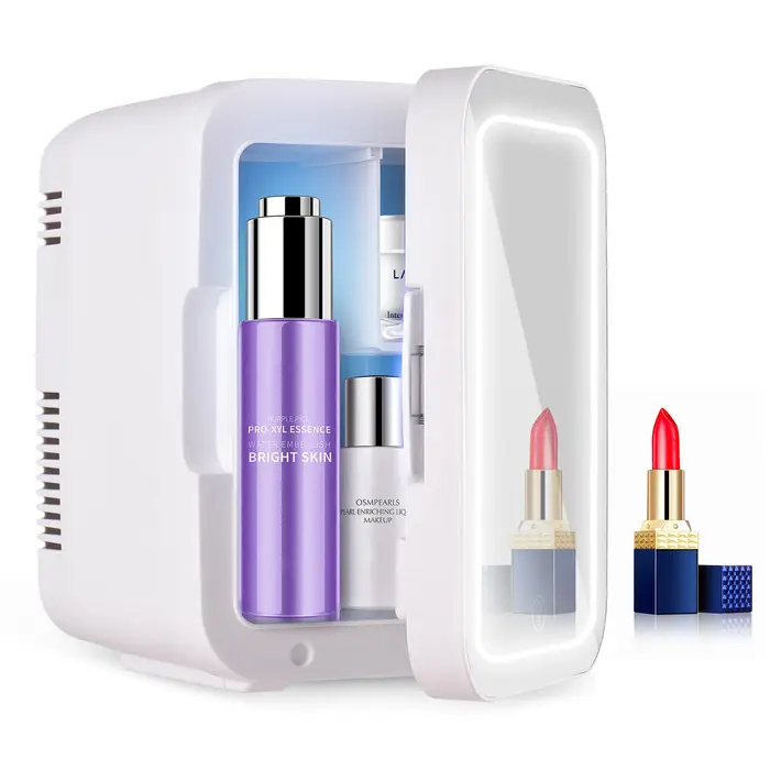 Mini frigorifero Aoresac con capacità di 4 litri, frigorifero portatile per la cura della pelle, più caldo e più freddo, con specchio LED dimmerabile US Plug bianco