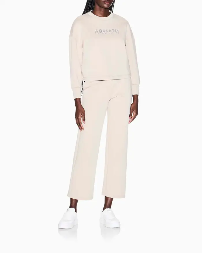 Felpa girocollo Armani Exchange beige in misto cotone con logo sul fronte strass