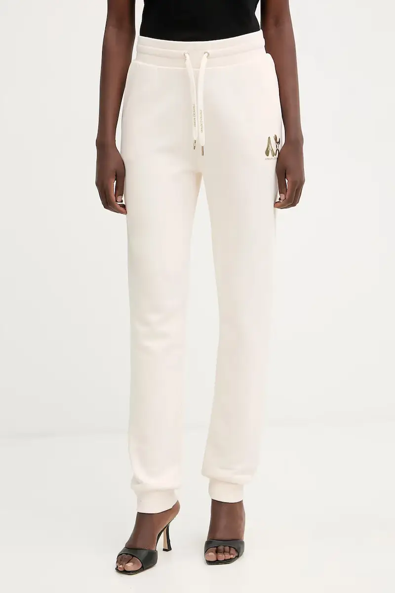 Armani Exchange pantaloni tuta di cotone donna colore beige con applicazione XW000808 AF16192