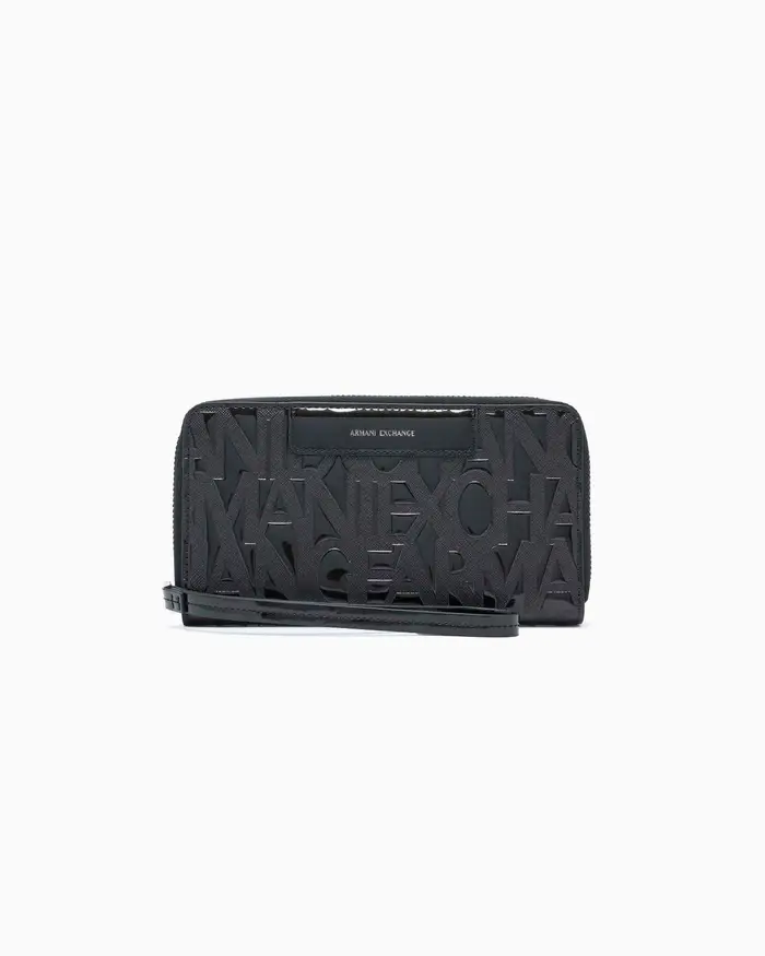 Armani Exchange Portafoglio orizzontale Bi-Fold nero con lettering logo all over