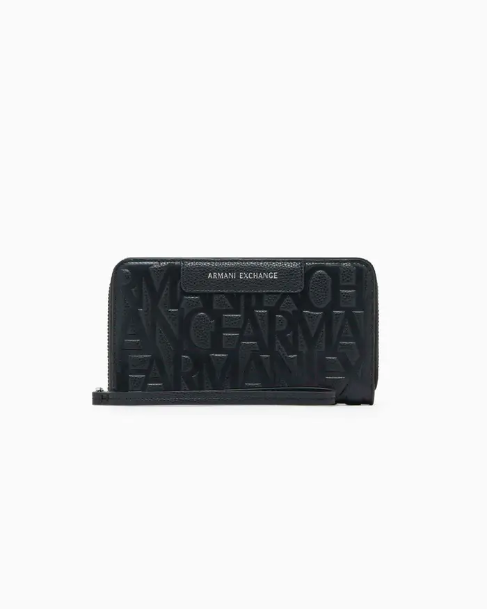 Armani Exchange Portafoglio orizzontale Bi-Fold nero effetto embossé con logo allover
