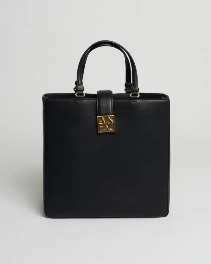 Armani Exchange Shopping bag Amy nera con tracolla removibile e logo dorato