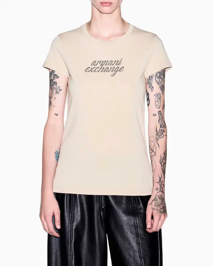 Armani Exchange T-shirt slim beige in cotone con scollo a giro e scritta logo in strass