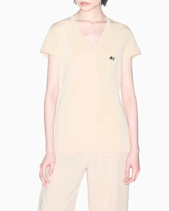 Armani Exchange T-shirt slim beige in cotone con scollo a V e loo a contrasto