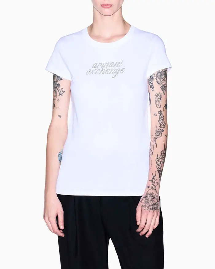 Armani Exchange T-shirt slim bianca in cotone con scollo a giro e scritta logo in strass argento