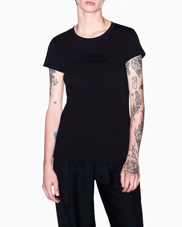 Armani Exchange T-shirt slim nera in cotone con scollo a giro e scritta logo in strass