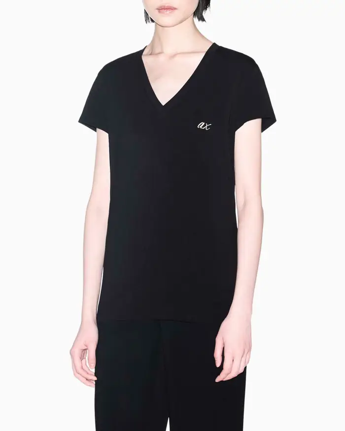 Armani Exchange T-shirt slim nera in cotone con scollo a V e loo a contrasto