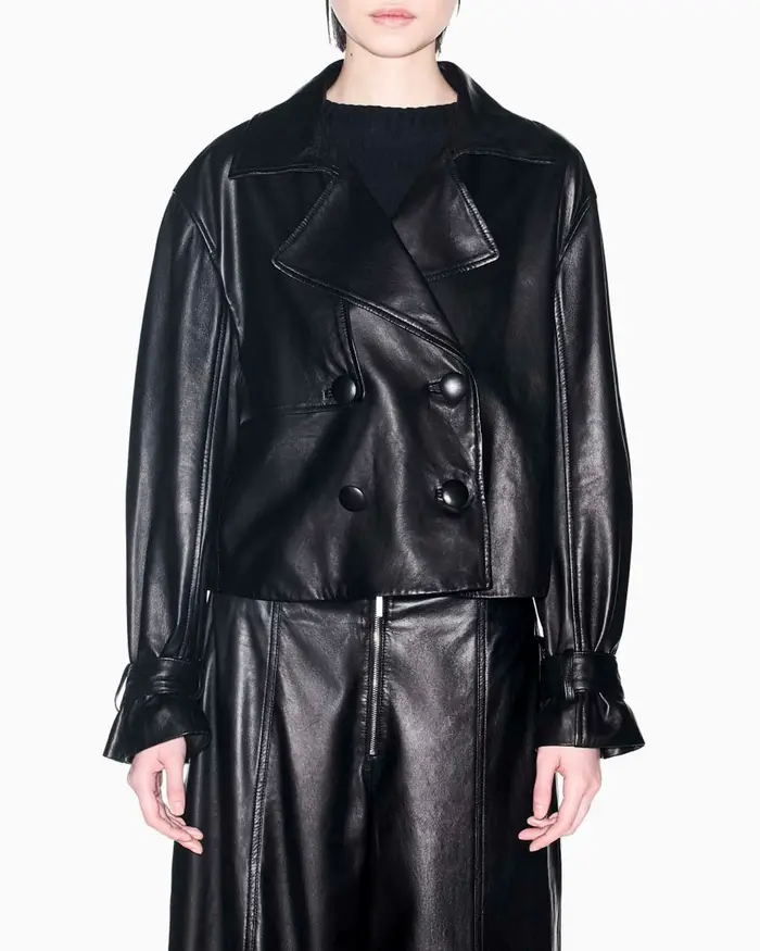 Armani Exchange Trench corto doppiopetto nero in pelle con polsini regolabili