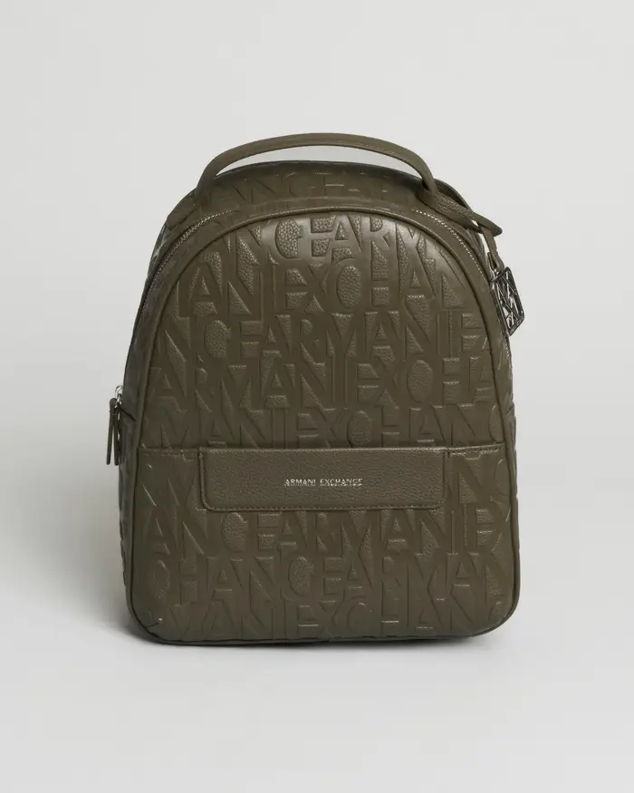 Armani Exchange Zaino verde militare effetto embossé con logo all over e chiusura zip