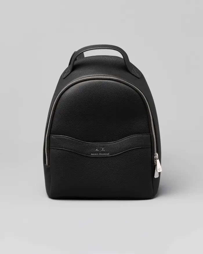 Zaino nero Armani Exchange in similpelle martellata con stampa logo a rilievo sul davanti