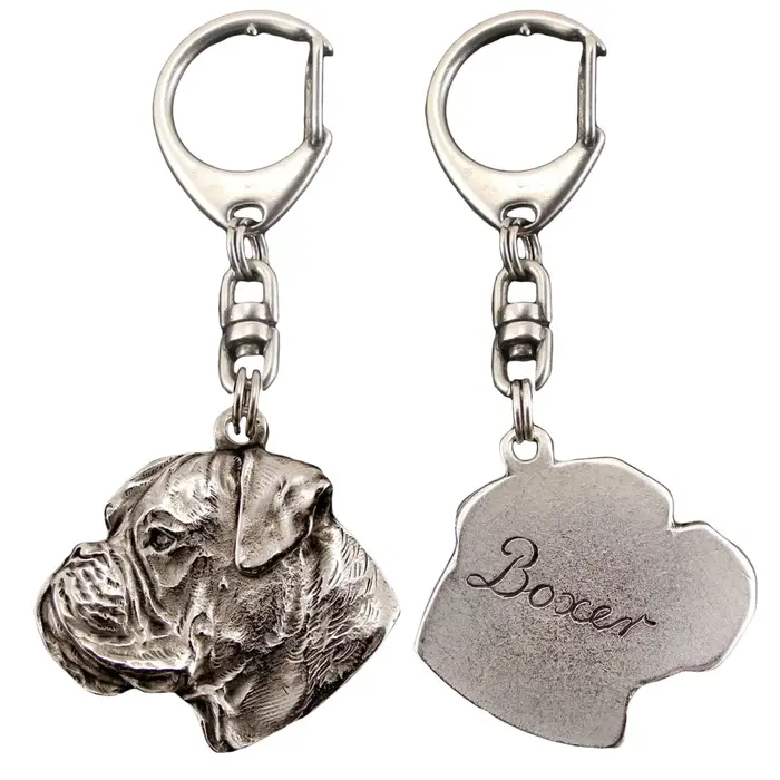 Boxer, Boxer tedesco III - Portachiavi placcato argento con un cane in una confezione regalo, decorazione per borsa, ciondolo per zaino del marchio Art-Dog argento