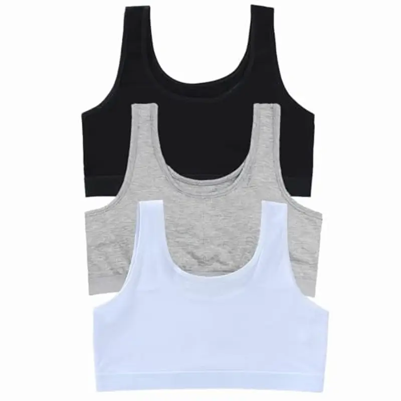 ATSNOSH Set 3 Reggiseni Sportivi Ragazza Cotone 8-12 Anni Nero+Bianco+Grigio