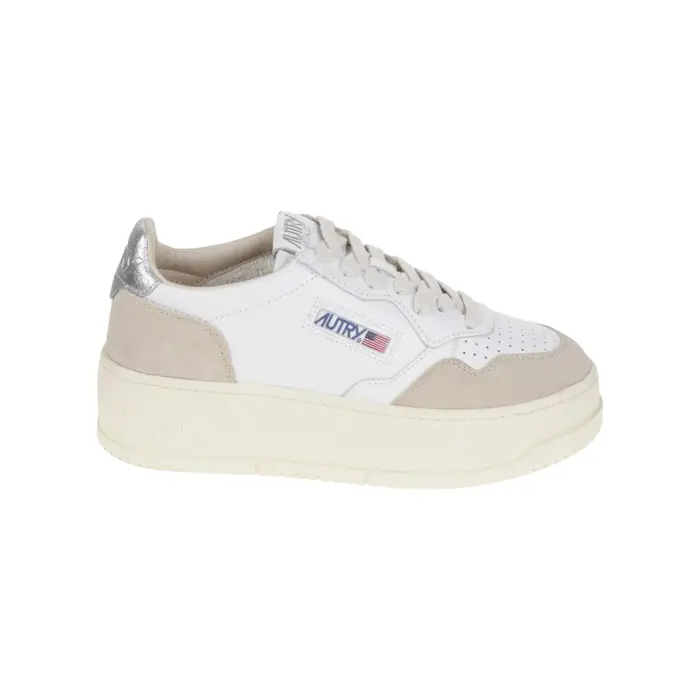Autry scarpe donna con plateau in pelle bianco argento e camoscio