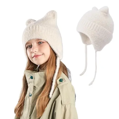 AYPOW Carino Orecchie di Gatto Caldo Berretto a Maglia per Bambini 3 ai 12 Anni, Invernale Copriorecchie Cappello