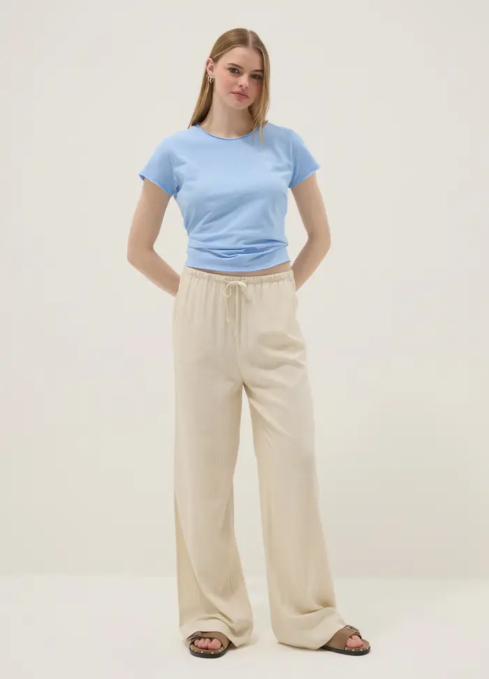 B ANGEL Pantaloni Jogger In Misto Viscosa E Lino Beige Relaxed Fit, Donna, Beige