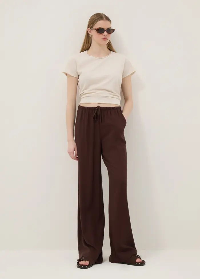 B ANGEL Pantaloni Jogger In Misto Viscosa E Lino Marroni Relaxed Fit, Donna, Marrone