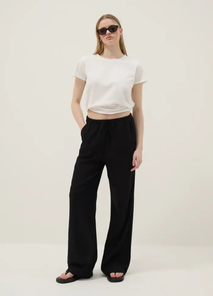 B ANGEL Pantaloni Jogger In Misto Viscosa E Lino Neri Relaxed Fit, Donna, Nero
