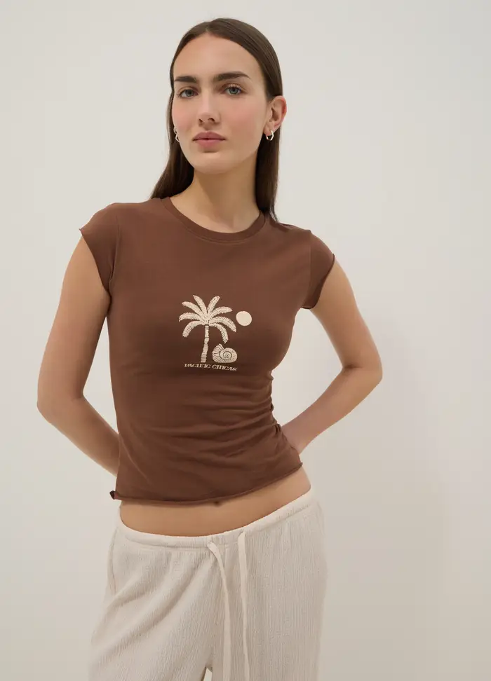B ANGEL T-shirt Fitted In Cotone Elasticizzato Marrone Con Stampa, Donna, Marrone