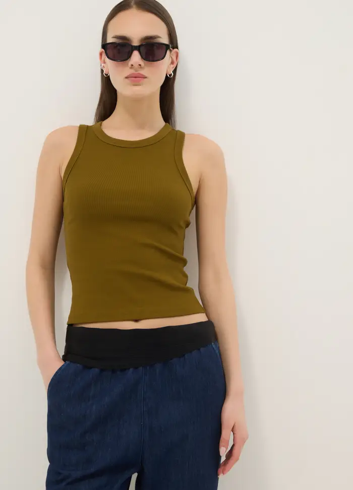 B ANGEL Tank Top Fitted Verde In Cotone Elasticizzato A Costine, Donna, Verde