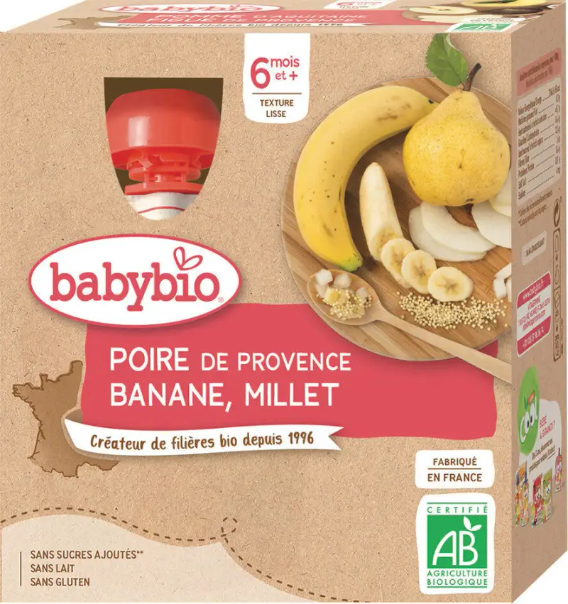 Babybio Borracce Frutta - 6 mesi e + - Pera, Banana, Miglio - BIO 4X90G