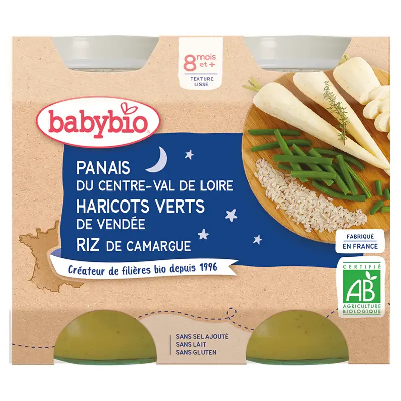 Babybio Vasetti Cena - 8 + mesi - Pastinaca, Fagiolini, Riso - BIO 2X200G