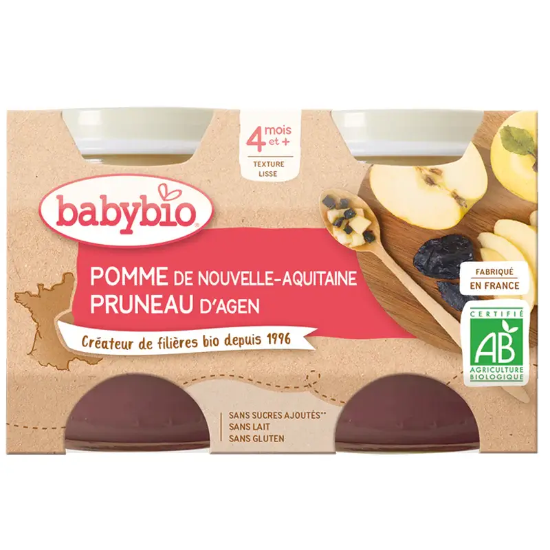 Babybio Vasetti Frutta - 4 + mesi - Mela, Prugna - BIO 2X130G