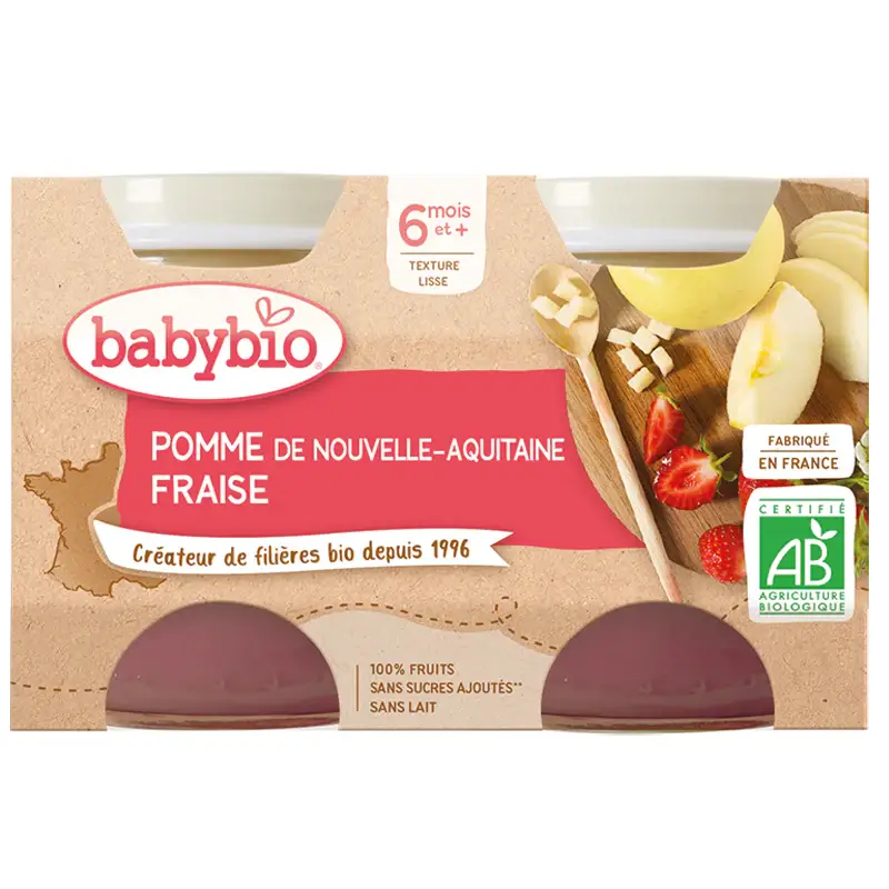 Babybio Vasetti Frutta - 6 Mesi + - Mela, Fragola - BIO 2X130G
