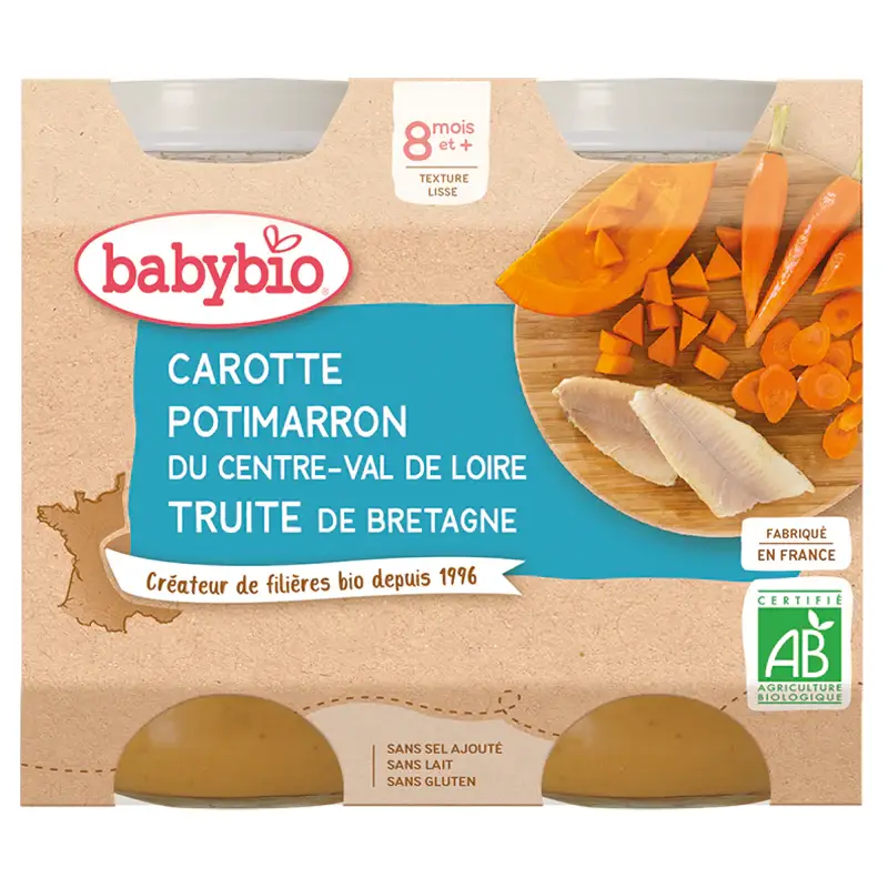 Babybio Vasetti Midi - 8 + mesi - Carota, Zucca, Trota - BIO 2X200G