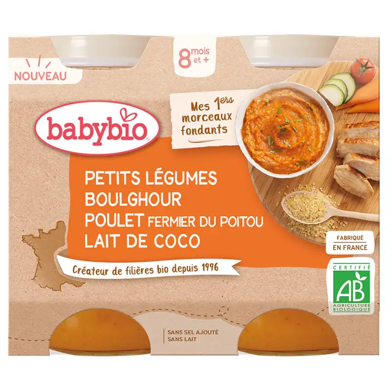 Babybio Vasi Piccoli - 8 Mesi e + - Verdure Piccole Bulgur Pollo Latte di Cocco 2 x 200g