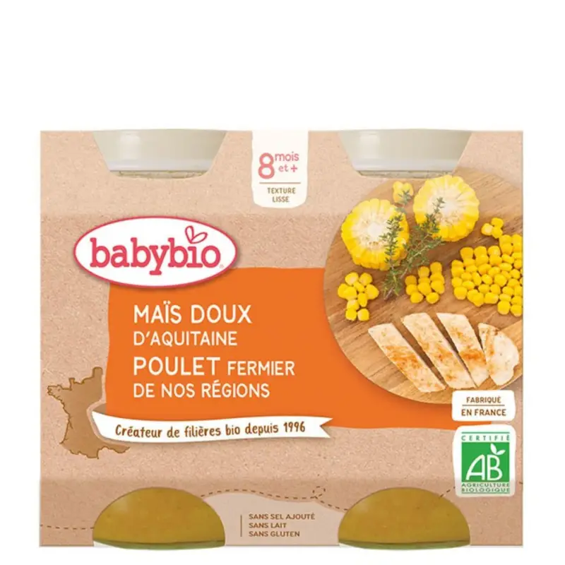 Babybio Vasi Piccoli Midi - 8 + mesi - Mais Dolce, Pollo Contadino - BIO 2X200G