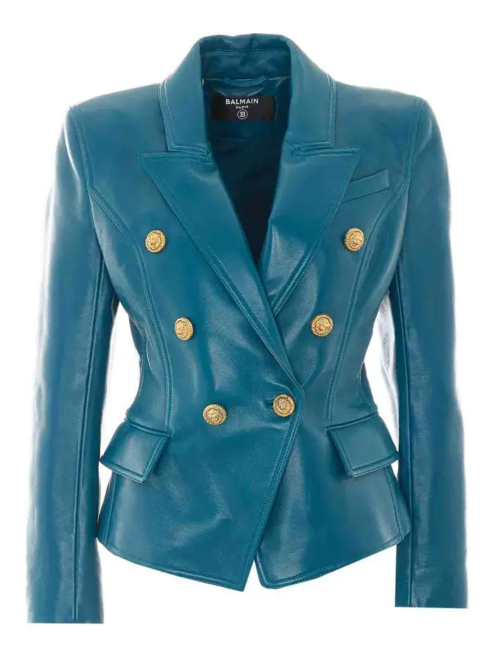 Balmain giacca in pelle blu doppiopetto con bottoni