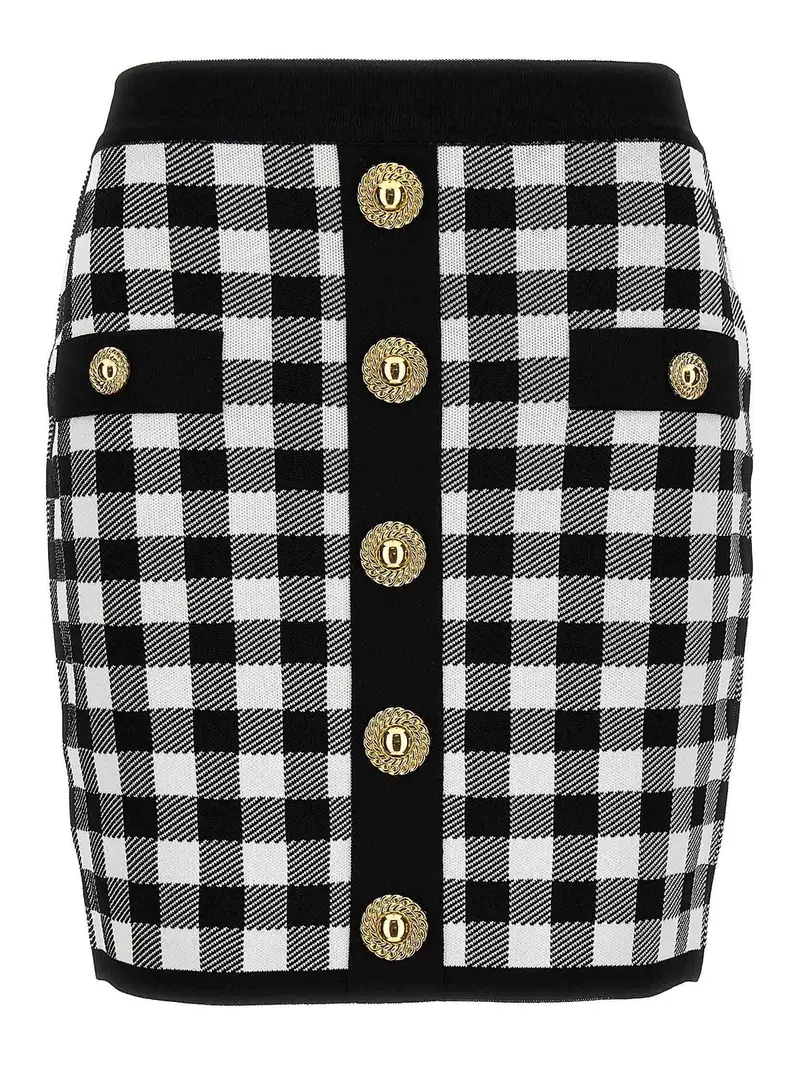 Balmain Gonna Vichy con bottoni logati Nero