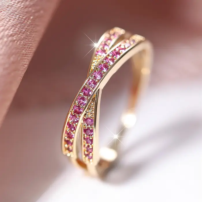Semplici anelli a forma di croce color argento a forma di X per le donne Anelli femminili semplici ed eleganti con zirconi abbaglianti 8 oro/colore rosso rosa