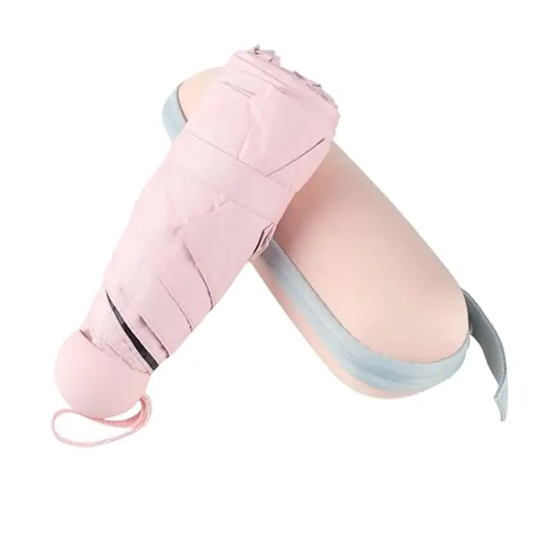 BAODINI Mini ombrello da viaggio con custodia, piccolo, compatto, con protezione solare anti-UV, leggero, piccolo, tascabile, rosa chiaro