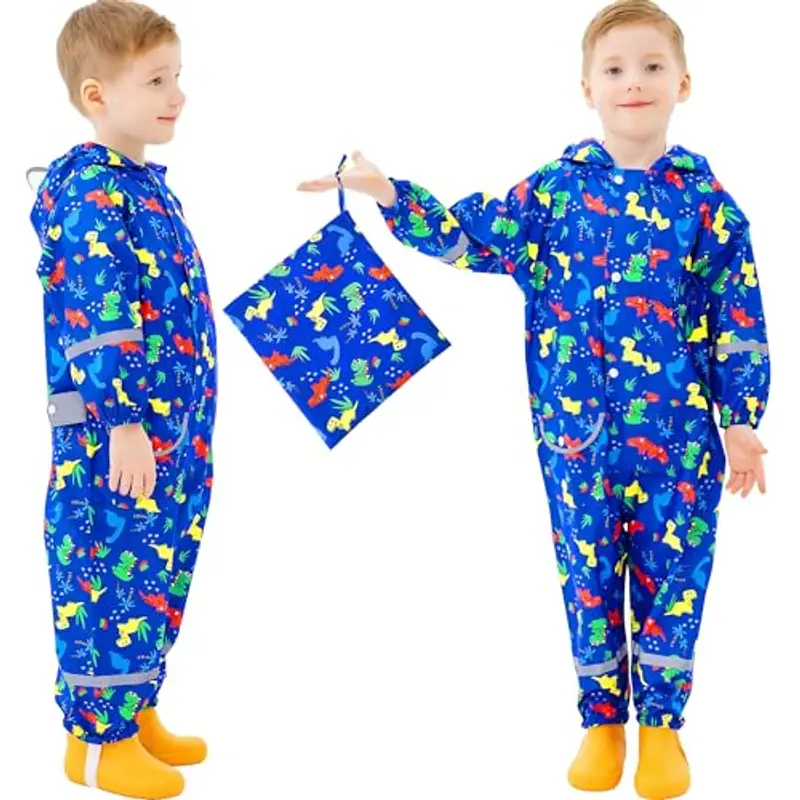 Baogaier Bambini Impermeabile Antipioggia con Cappuccio Blu Navy Dinosauro Bambino Antipioggia Giacca Tuta Portatile