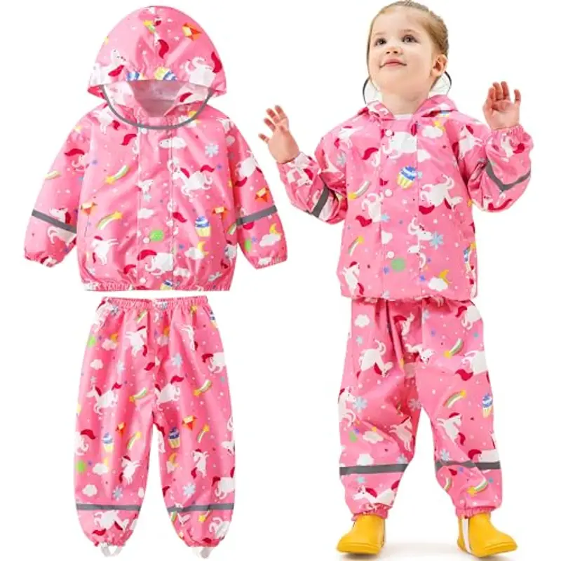 Baogaier Tuta Impermeabile Bambina, Leggero Fodera in Rete Antipioggia Giacca & Pantaloni Impermeabili 2 Pezzi Set