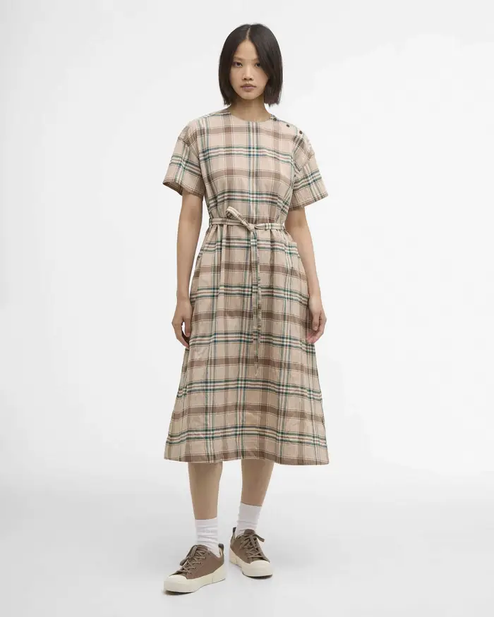 Barbour Abito midi Gwen beige a maniche corte con fantasia tartan check