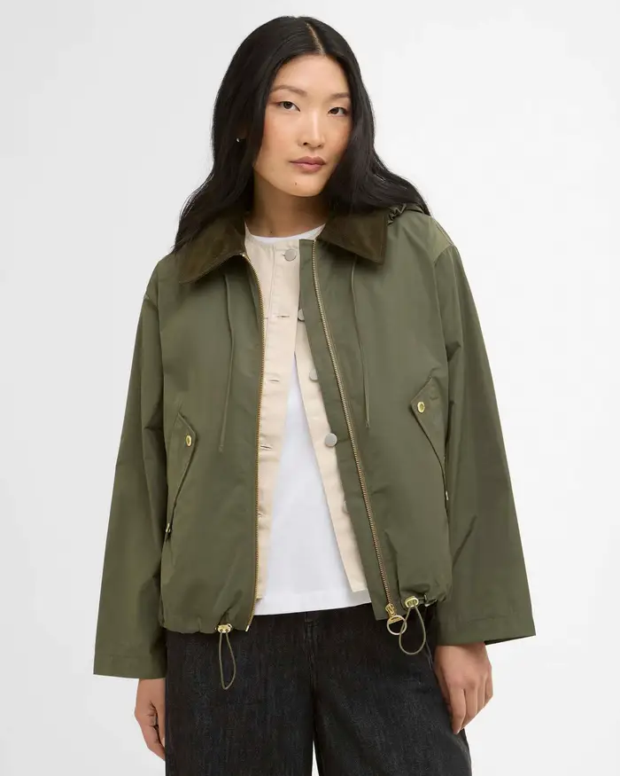 Barbour Giacca Weaver antipioggia verde con cappuccio removibile e coulisse regolabile sul fondo