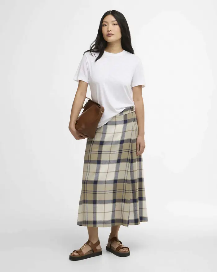 Barbour Gonna midi svasata Ballina beige con motivo tartan all-over
